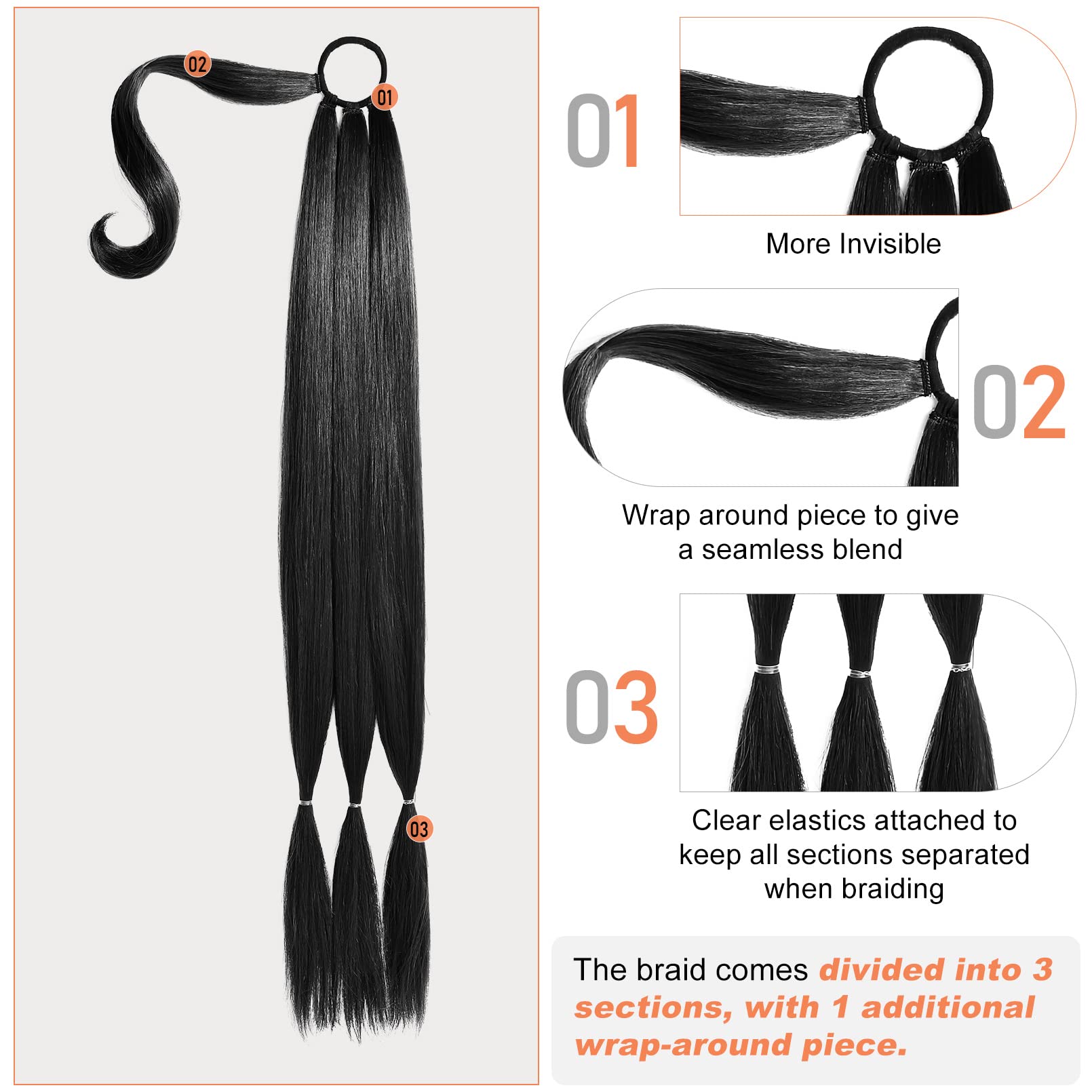 Seikea Upgraded Long Braid Ponytail Extension With Elastic Tie Straight Sleek Wrap Around Braid Hair Extensions Ponytail Black 2