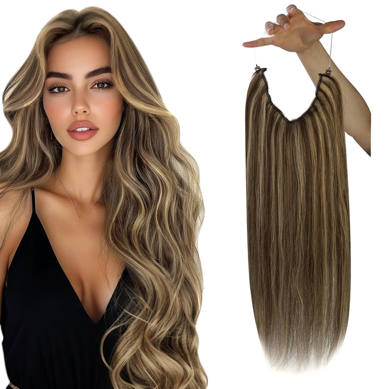 Sunny Human Hair Wire Extensions Highlight Dark Brown Mix Caramel Blonde Fish Line Hair Extensions Brown Wire Hair Extensions Hu
