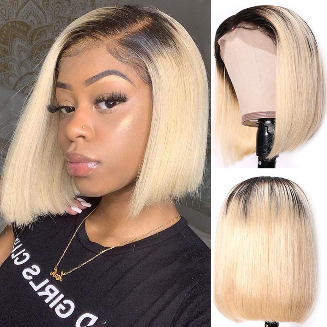1B/613 Ombre Blonde Bob Wigs Straight 10Inch 13x4 HD Transparent Lace Front Ombre Blonde Brazilian Virgin Human Hair Glueless Pr