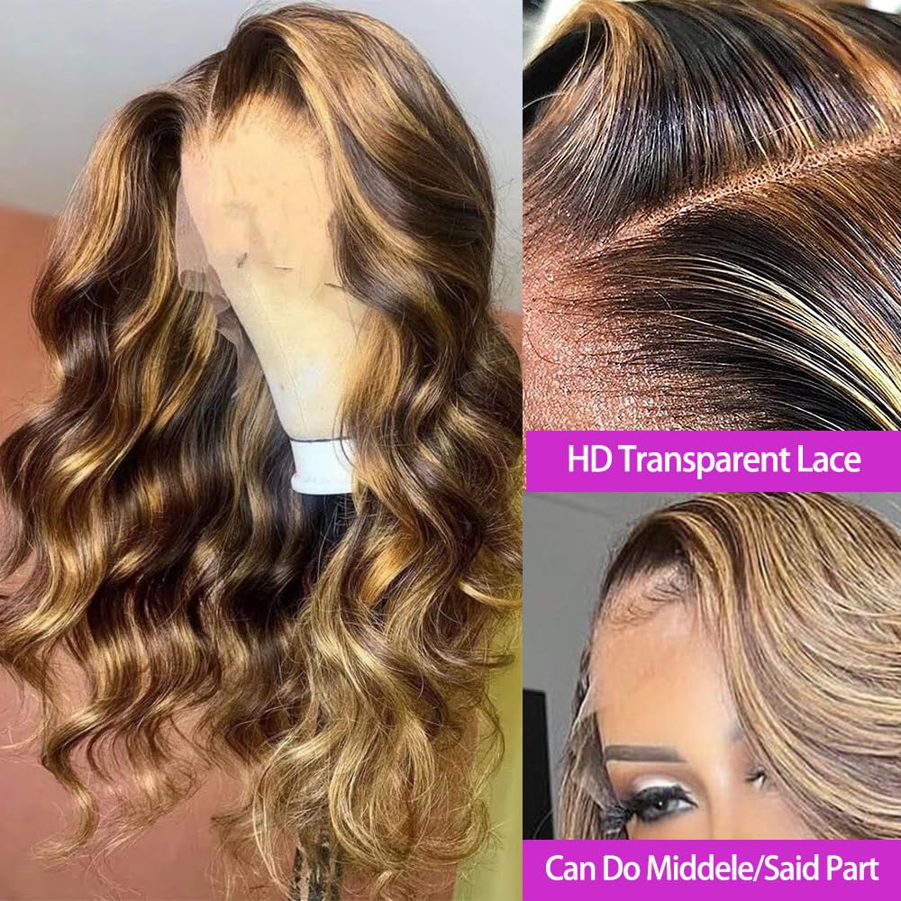 26 Inch 4/27 Brown Colored 13X6 Highlight Ombre Lace Front Wigs Human Hair 180 Density Full Frontal Glueless Hd Transparent Hone