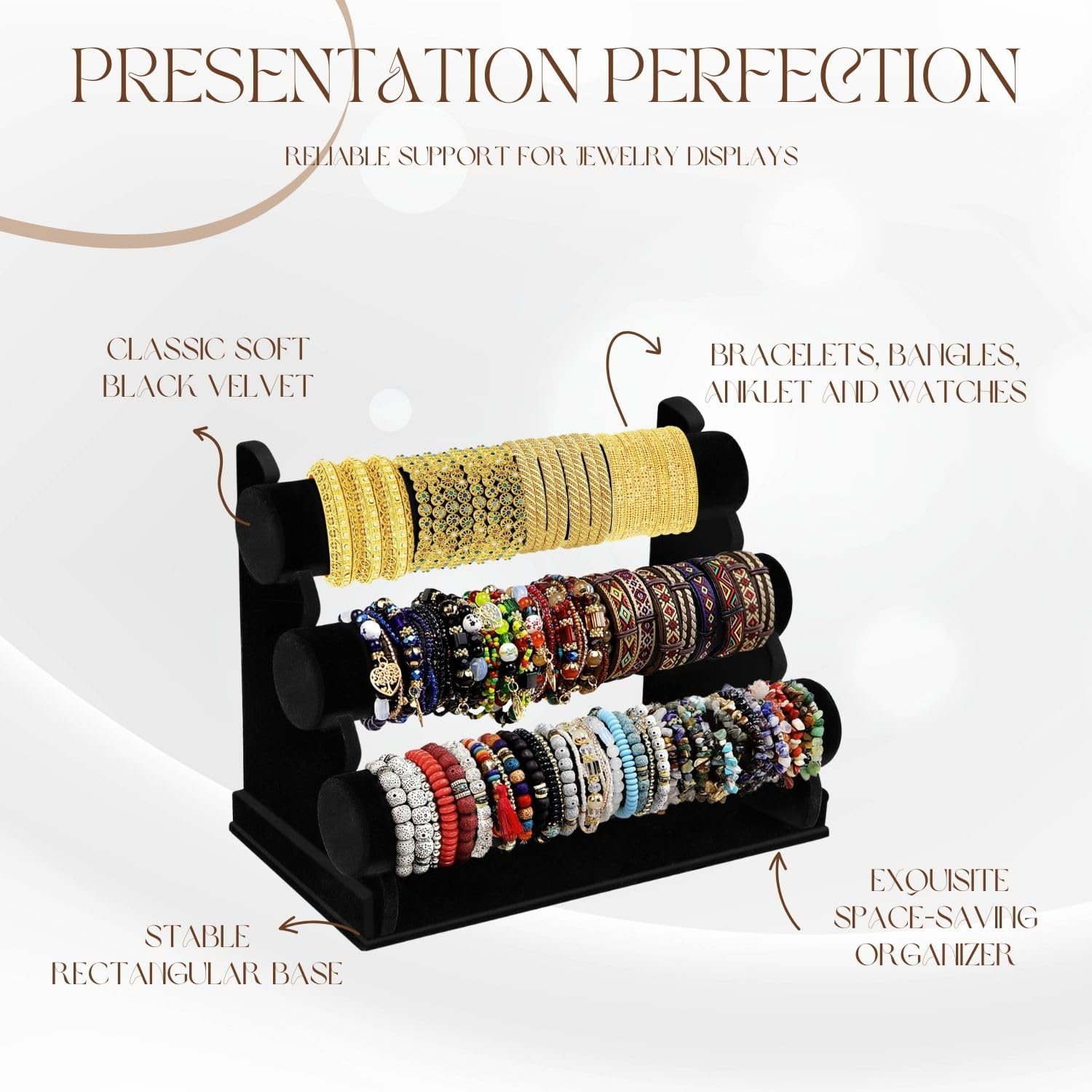 Flexzion Velvet Bracelet Holder Display - Gray Bracelet Display Stand for Vendors Selling & Displaying - Detachable 3 Tier Jewel