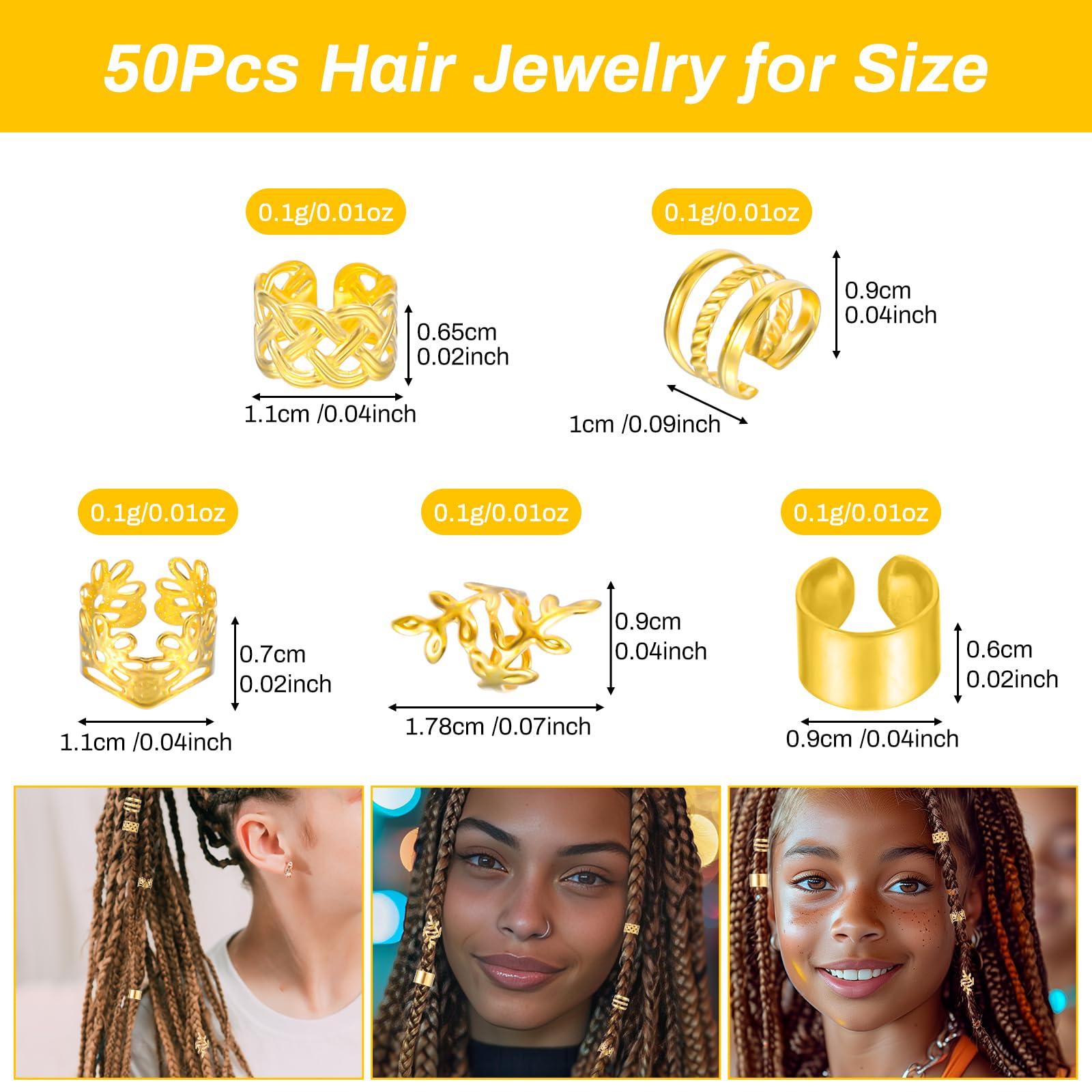Tyqour 50pcs Gold Hair Jewelry, Loc Jewelry for Black Women, Hair Cuffs for Braids, Metal Hair Rings Charm Bead Clip for Braids