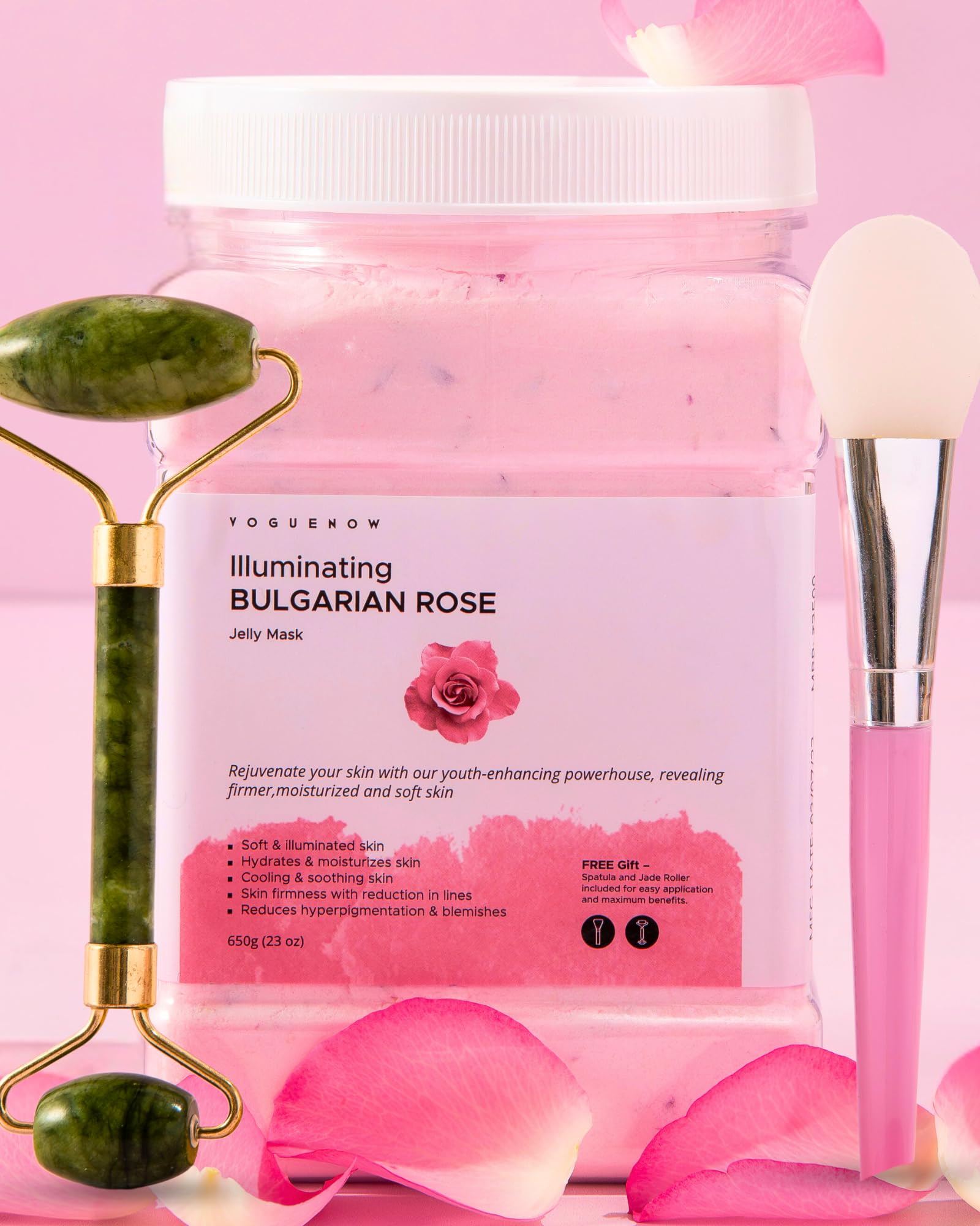 Jelly Face Mask for Facials - Bulgarian Rose Hydrating, Brightening & Nourishing Jelly Mask with Free Jade Roller & Spatula | Pr