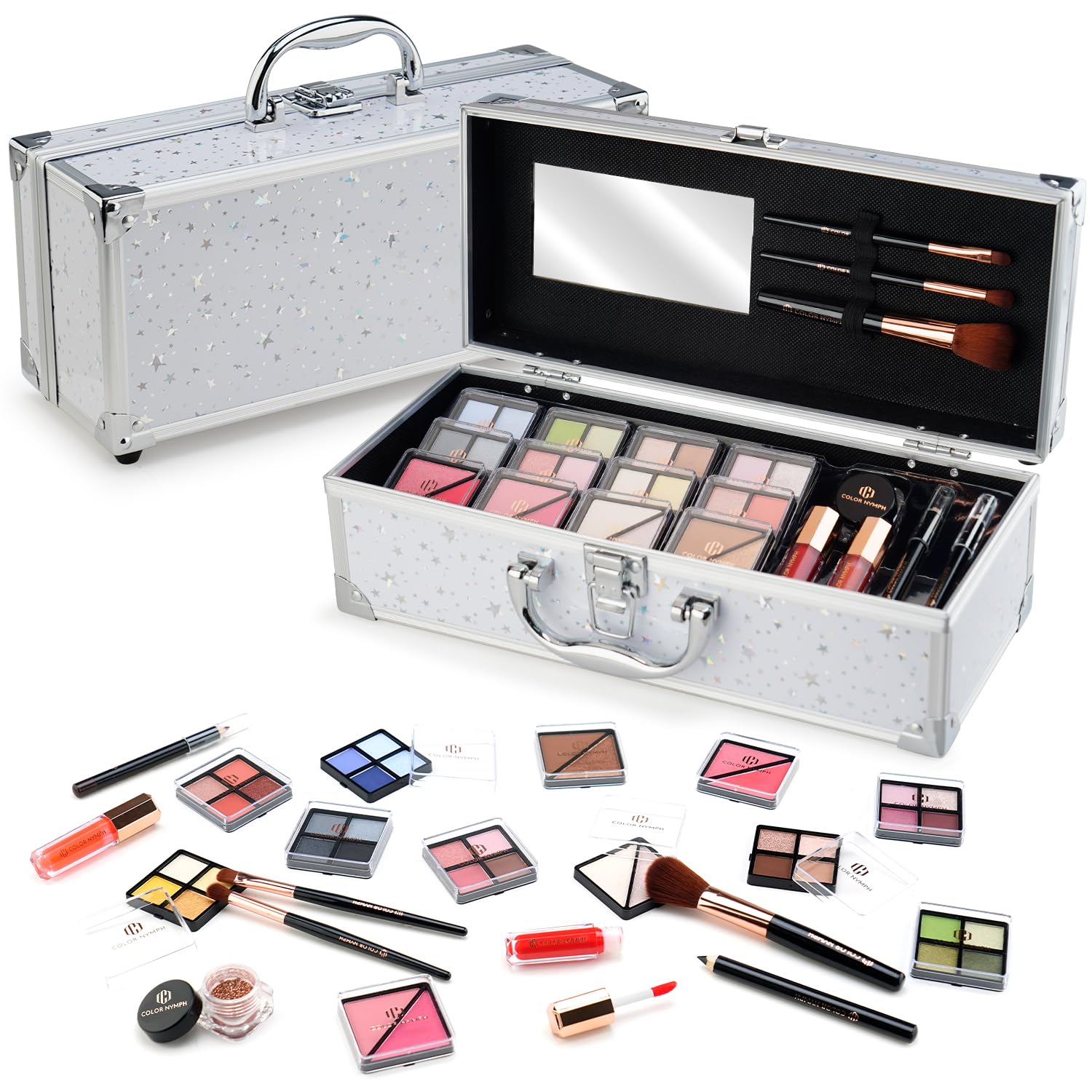 Color Nymph Beginners Makeup Kit With Train Case For Teenagers Girls, Full Starter Cosmetics Set Included 32 Colors Eyeshadow, G