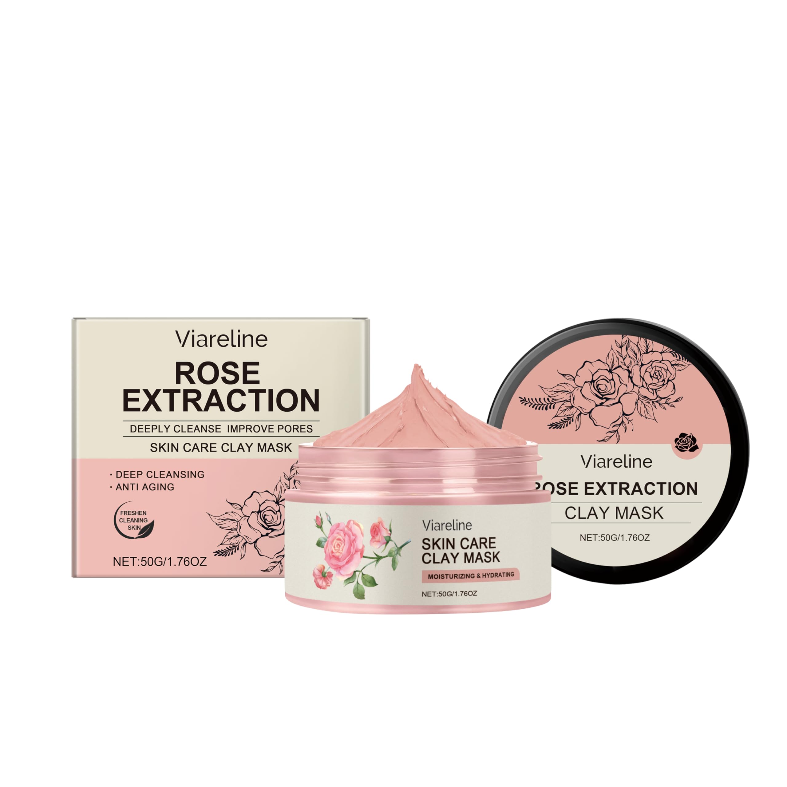 Viareline Rose Extraction Clay Mask, Moisturizing & Hydrating Skin Care with Bentonite, Glycerin & Rose Extract, Deep Pore Clean