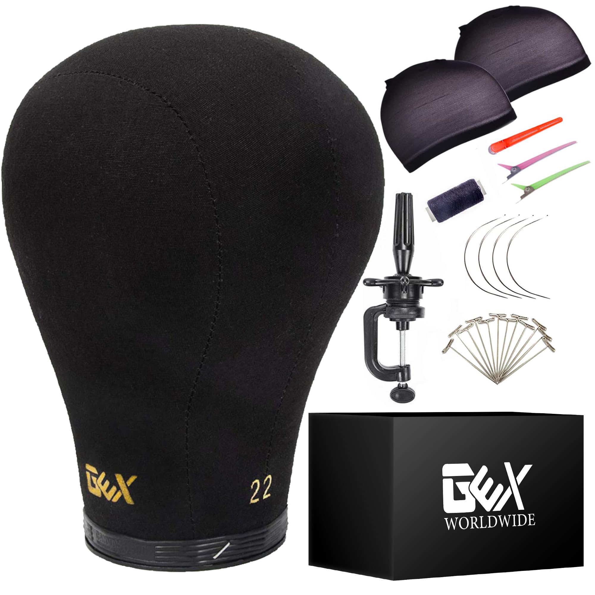 GEX 20''-24'' Canvas Cork Wig Block Mannequin Head for Wig Making Drying Styling Display with Table C Clamp Stand Holder (Black