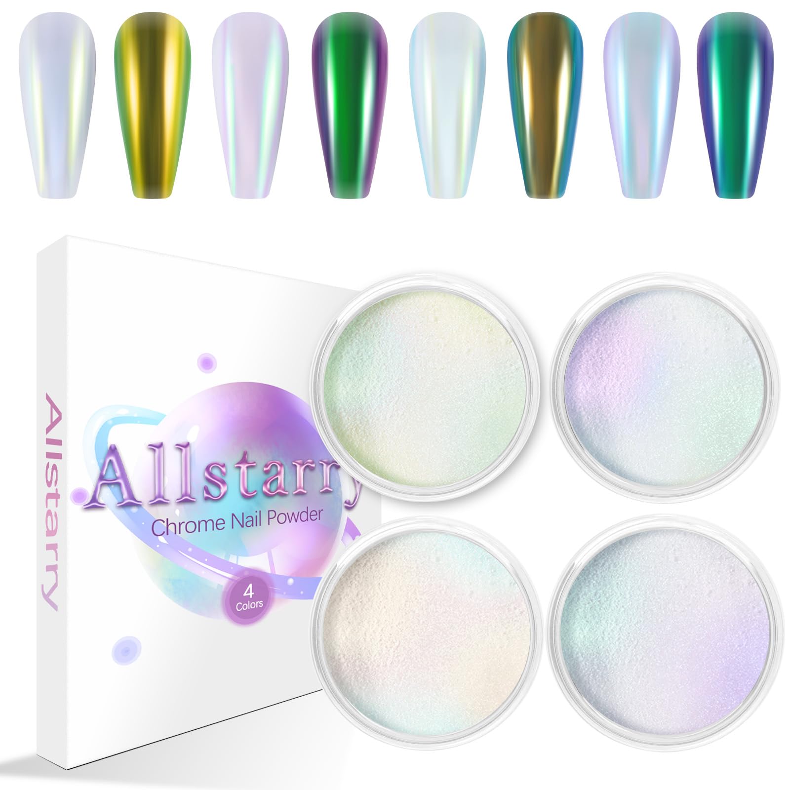 Allstarry White Chrome Nail Powder, 4 PCS Color-Shift Chameleon Mica Powder Aurora Chrome Effect Glitter Dust Iridescent Pearles