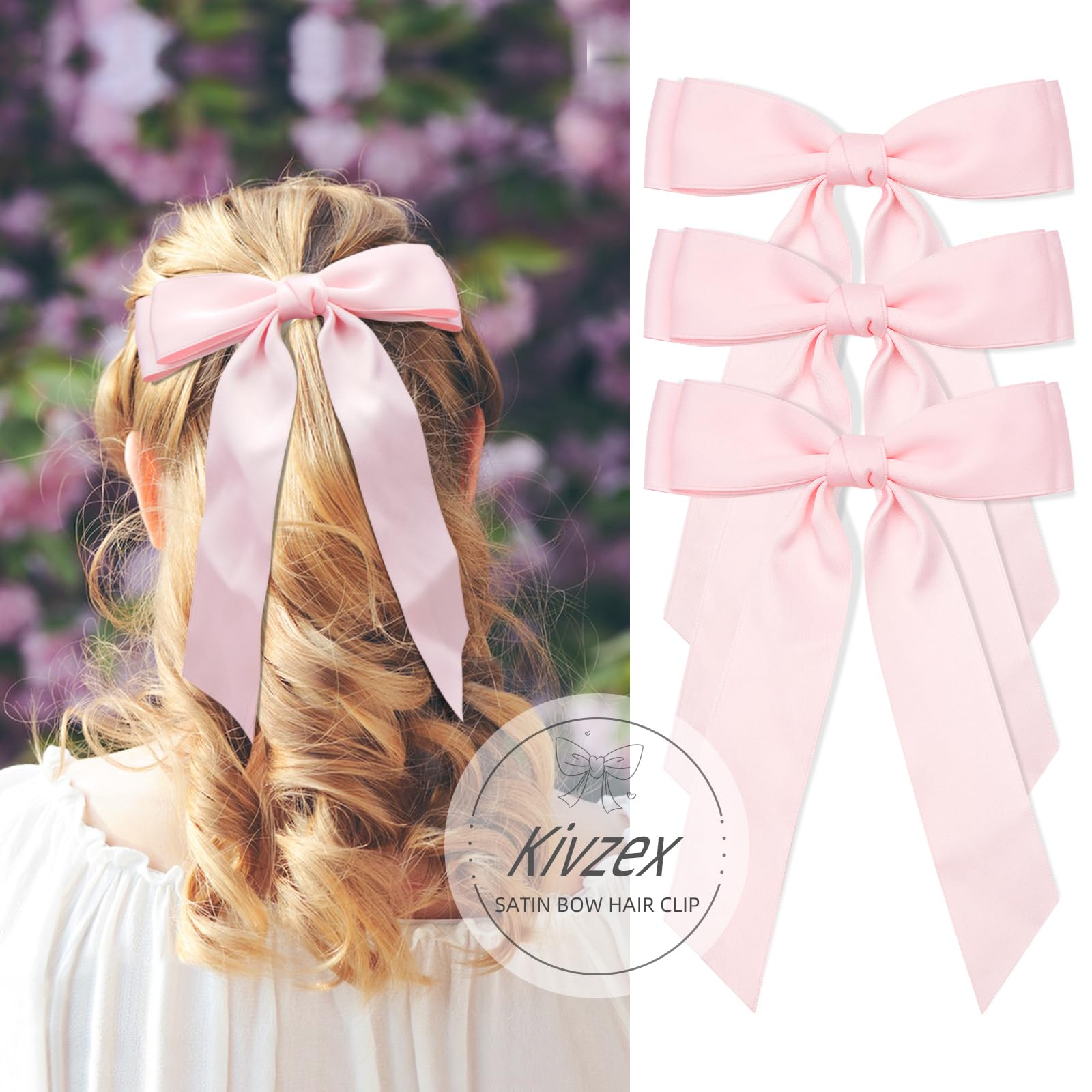 3Pcs Pink Hair Bows For Women Double-Layer Long Tail Bow Hair Clip Hair Ribbon Ponytail Holder Hair Accessories For Girls Toddle