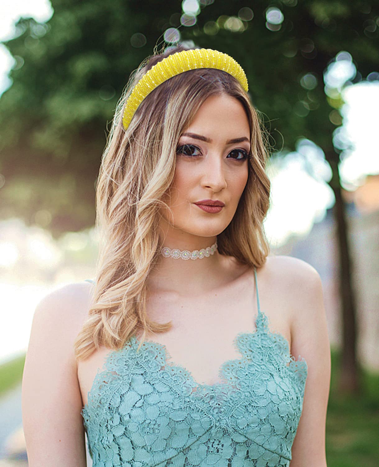 Wecoe Yellow Headband Fashion Rhinestone Headband Women Padded Headband Cute Fancy Bling Diamond Sparkle Crystal Beaded Headband