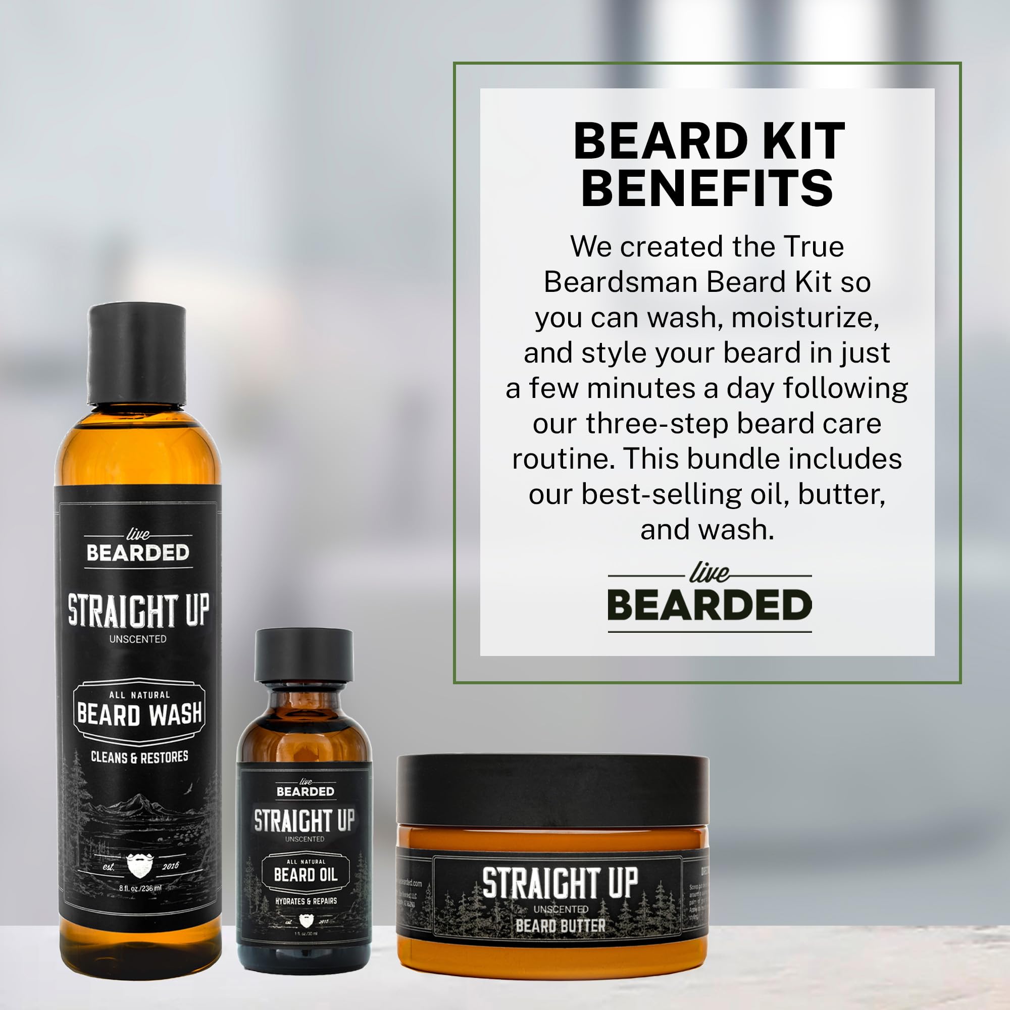 Live Bearded: 3-Step Beard Grooming Kit - Straight Up - Beard Wash, Beard Oil And Beard Butter - All-Natural Ingredients With Sh