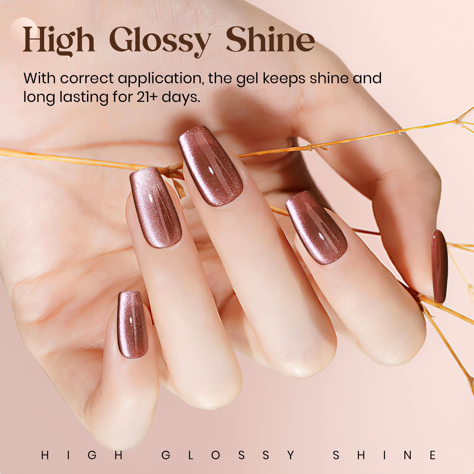 Mizhse Cat Eye Gel Nail Polish: Brown Magnetic Gel Polish With Magnet Stick, Fall Color Magic Effect Galaxy Shimmer Glitter Holo