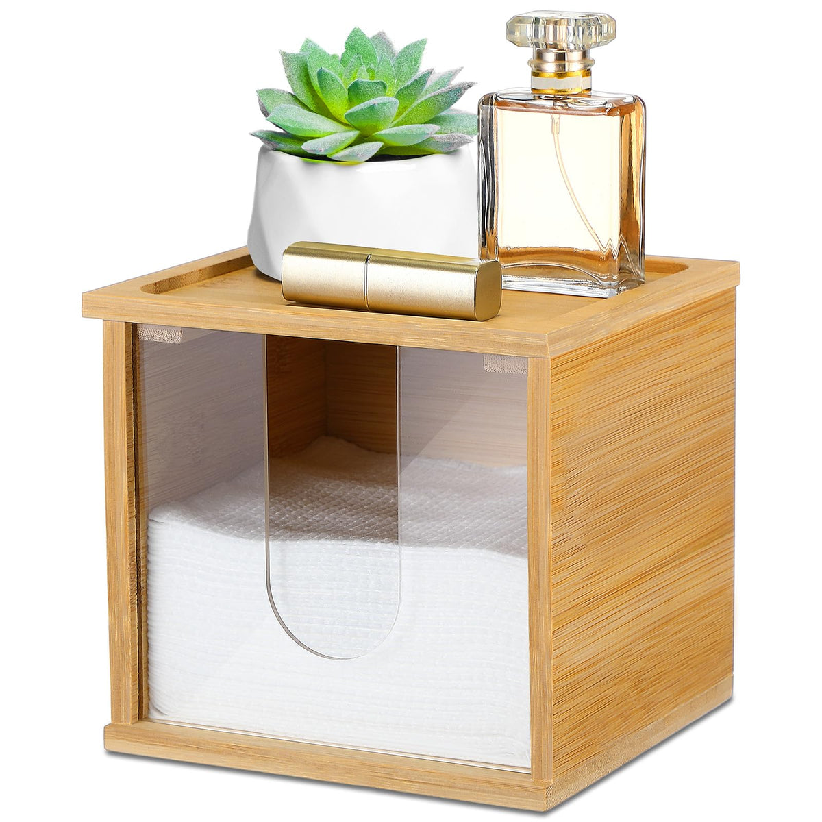 Chunful Disposable Face Towel Holder Box With Bamboo Lid, Acrylic Cosmetic Facial Towel Storage Container For Disposable Makeup