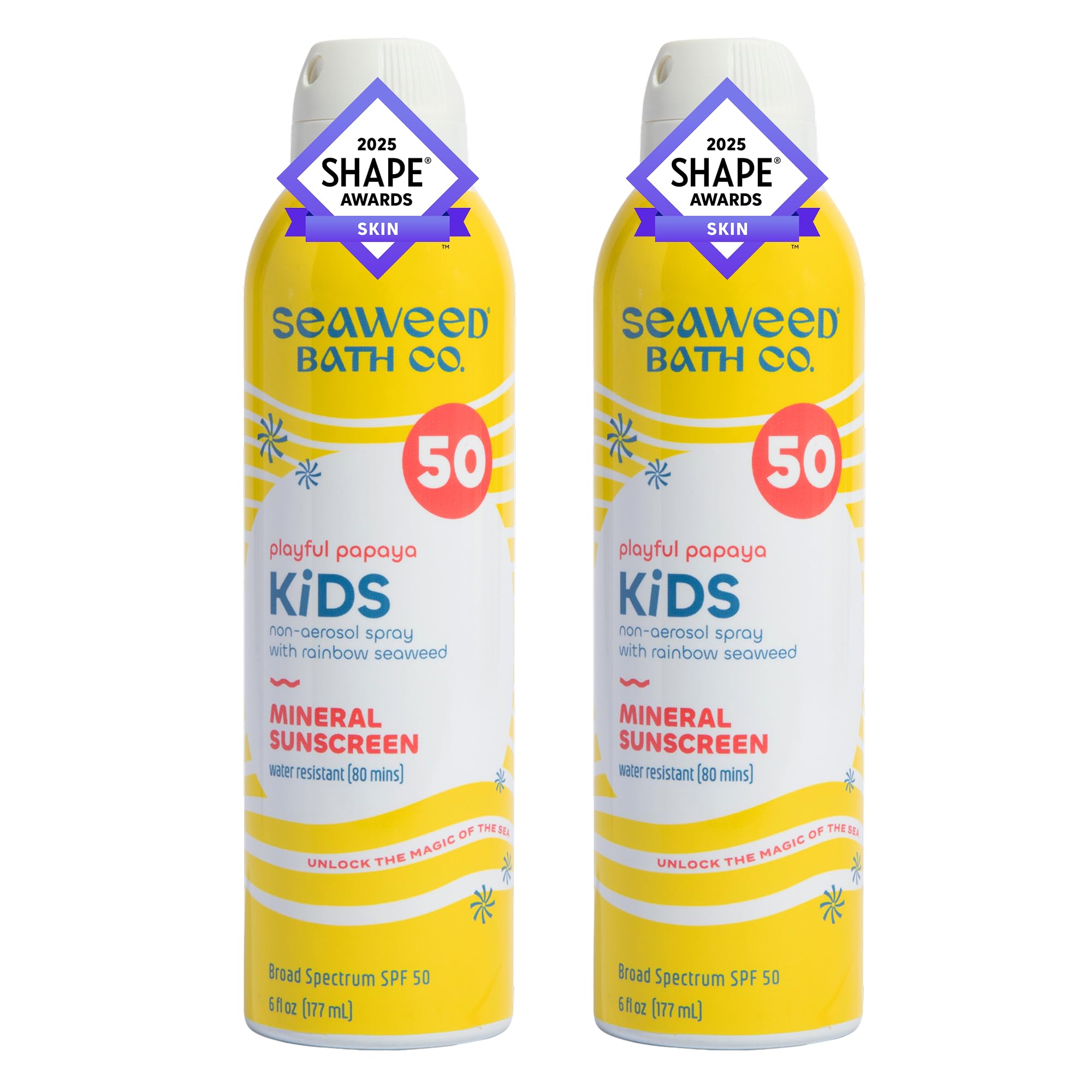 Seaweed Bath Co. Kid's Mineral SPF 50 Broad Spectrum Sunscreen Spray, 6 Ounce (Pack of 2), Papaya Scented, Water Resistant, Tear