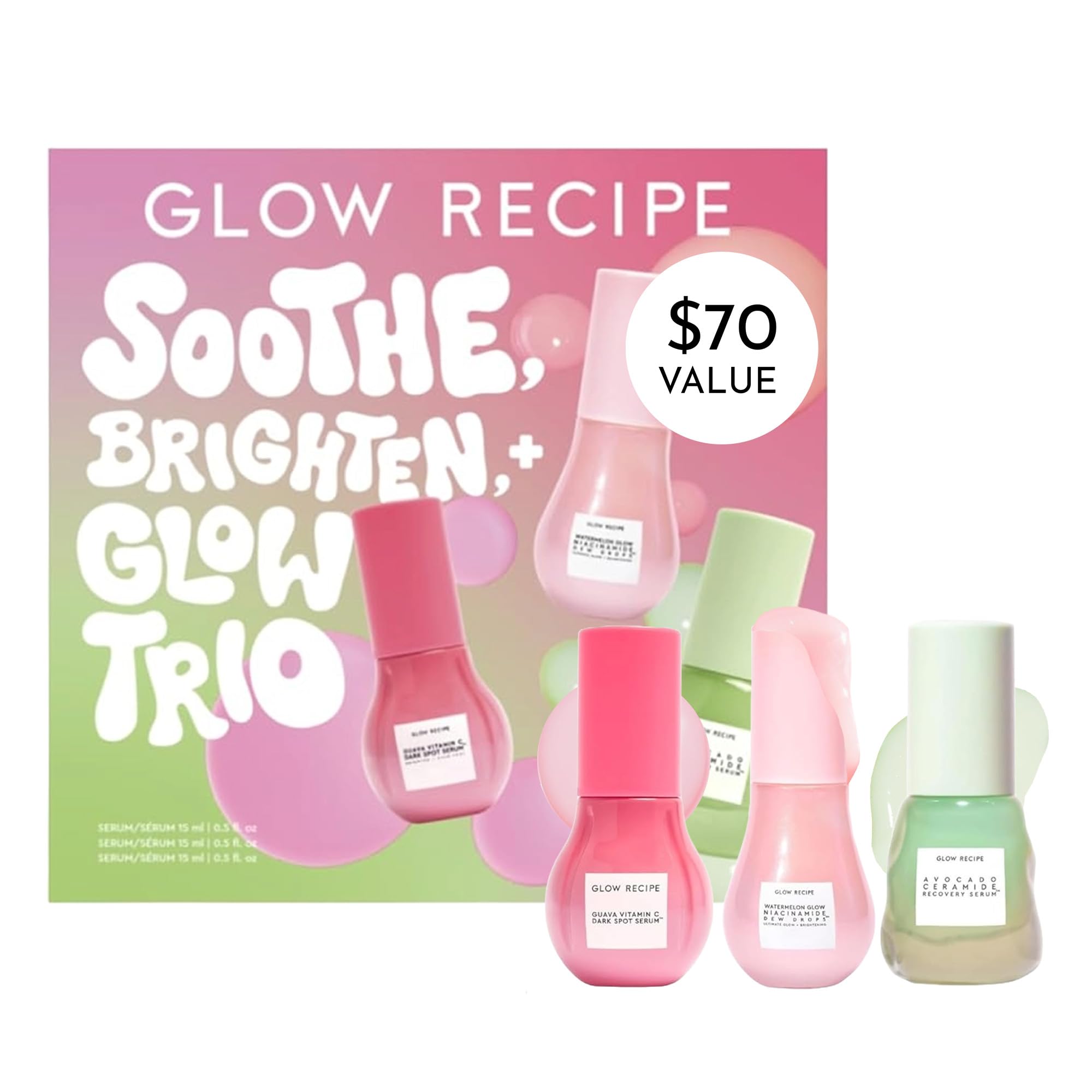 Glow Recipe Soothe, Glow & Bright Gift Set - Holiday Skincare Set With Niacinamide Dew Drops Face Serum + Avocado Ceramide Facia
