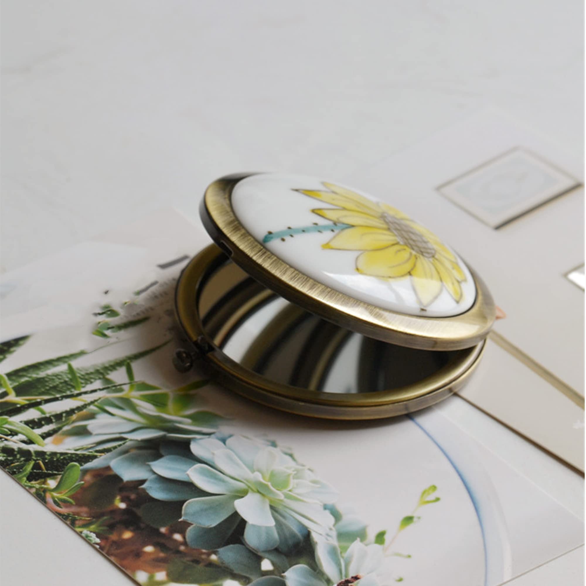Roseward High End Sunflower Compact Mirror For Purses Hand Painted 1 X /2 X Magnifying Copper Round Hand Mirror Unique Gifts For