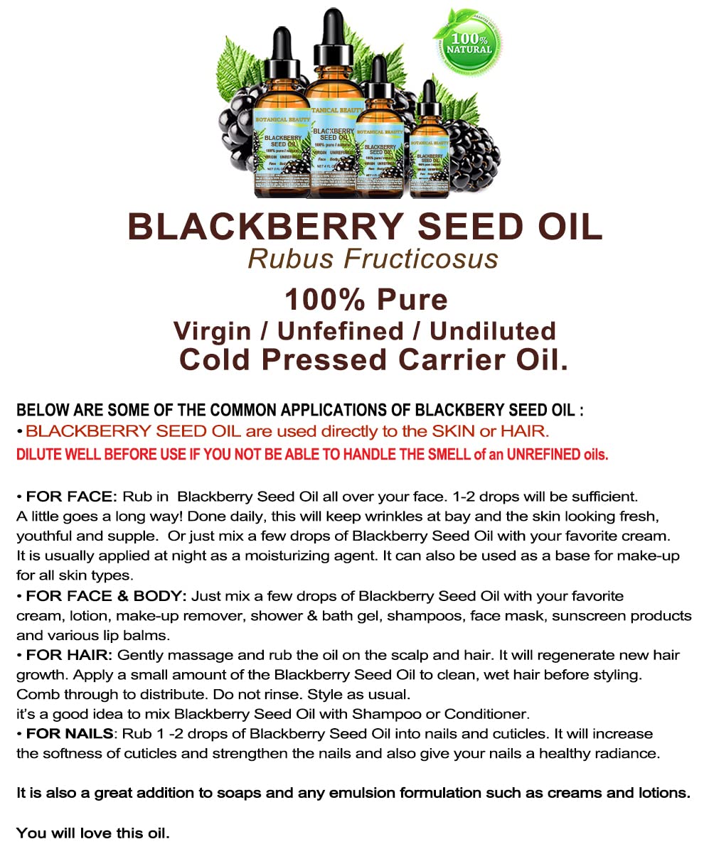 Botanical Beauty Blackberry Seed Oil 100% Pure Natural Virgin Unrefined. Cold Pressed Undiluted Carrier Oil. 0.5 Fl.Oz -15 Ml. F