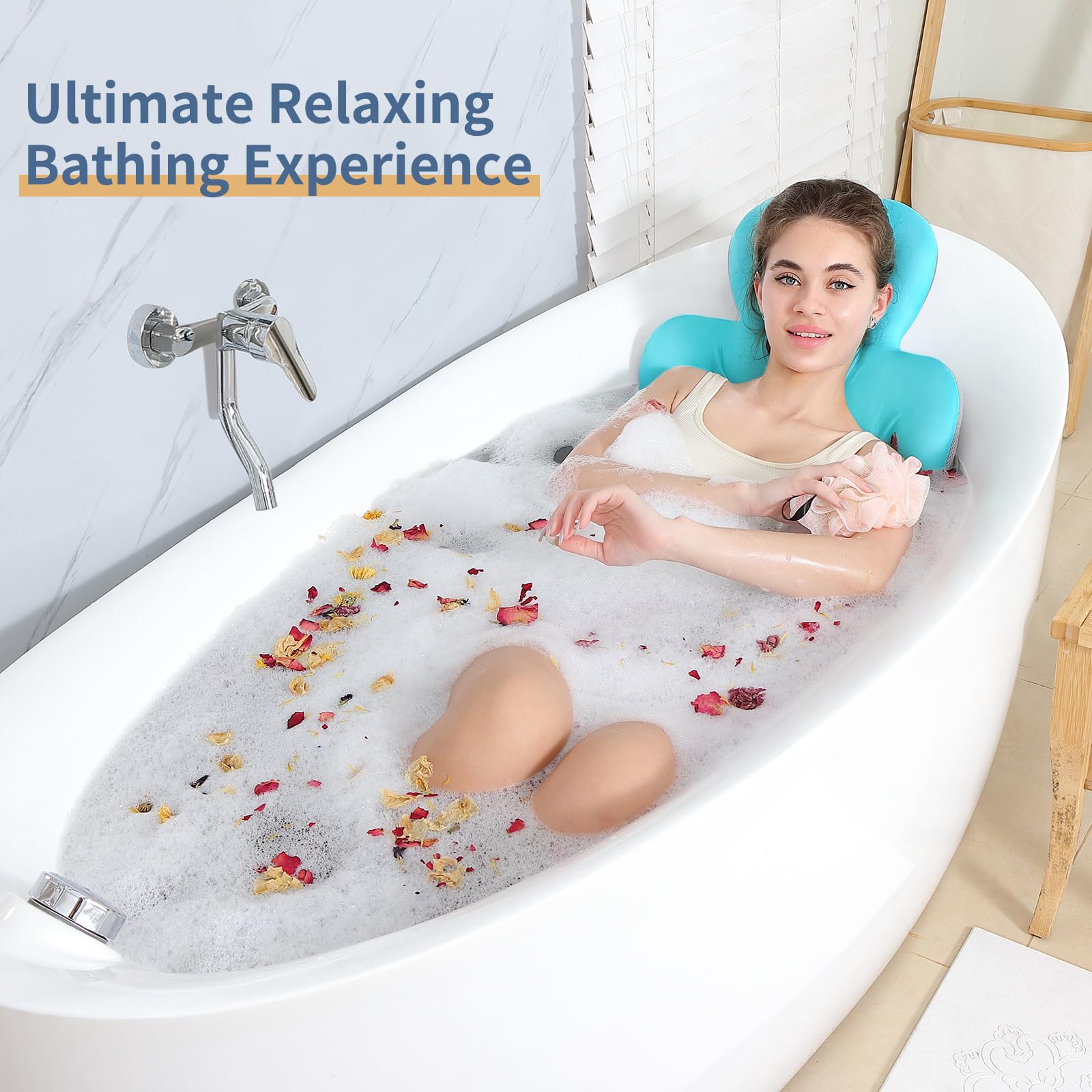 Luxury Bath Cushion, Full Body Bathtub Pillow With 160 Suction Cups, Bath Mat For Head And Neck Support, With Laundry Bag (Blue,