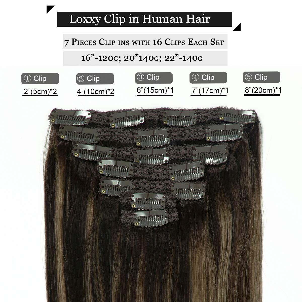 Loxxy 16 Inch 120G Hair Extensions Clip In Double Weft Human Hair Thick Silky Straight Clip In Brazilian Remy Hair Full Head Roo