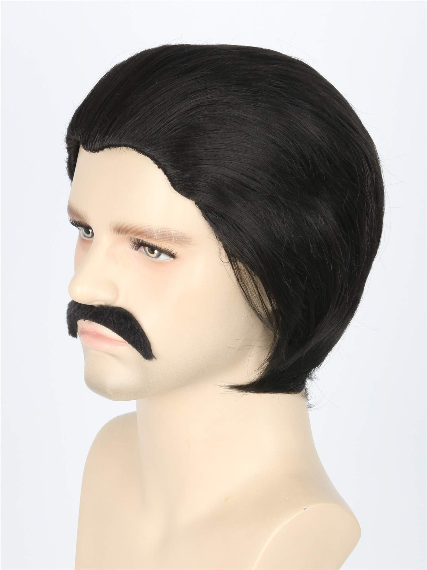 Topcosplay Men'S Wigs Black Short Cosplay Halloween Costume Party Wigs Slicked-Back Wig With Mustache