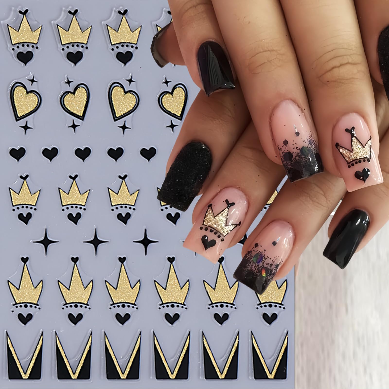 8 Sheets Heart Nail Stickers For Nail Art Black Gold Heart Love Nail Decals 3D Self Adhesive Metallic Love Letter Crown Nail Des