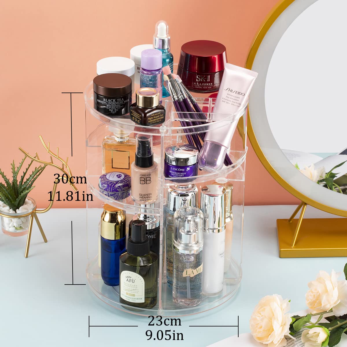 Argox 360 Rotating Makeup Organizer, Skincare Storage Box, Cosmetic Display Case With Brush Holder Perfume Tray, Multifunctional