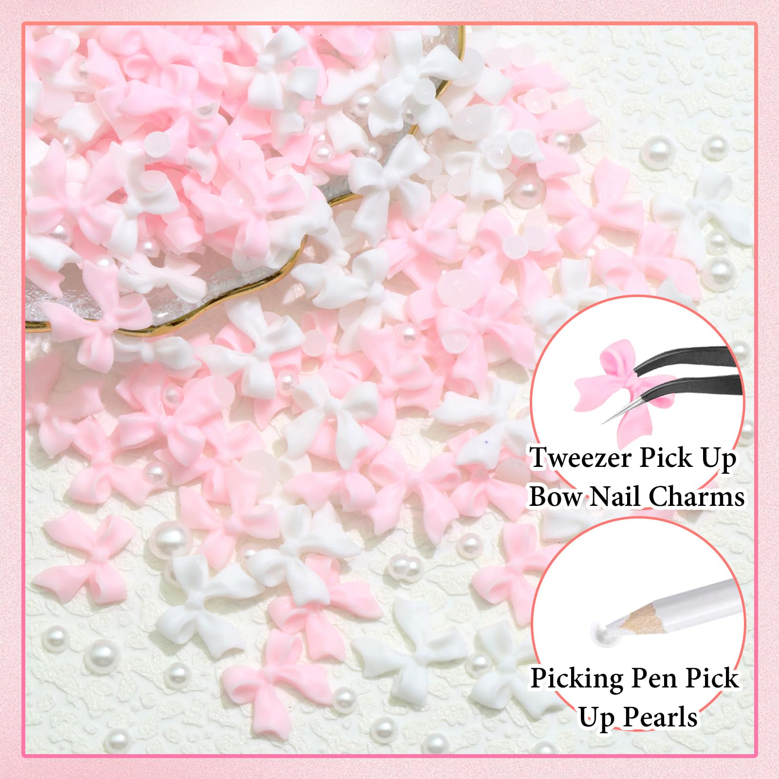 300Pcs Bow Nail Charms And Flatback Pearls,Pink White Bowknot 3D Cute Nail Charms For Acrylic Nail Supplies Design,3-5Mm White H