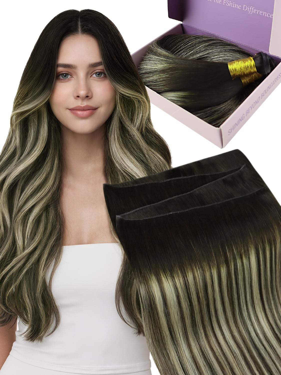 Fshine Genius Weft Hair Extensions Human Hair, Smooth and Full Texture, 20 Inch 60 g Balayage Dark Brown Highlights Platinum Blo