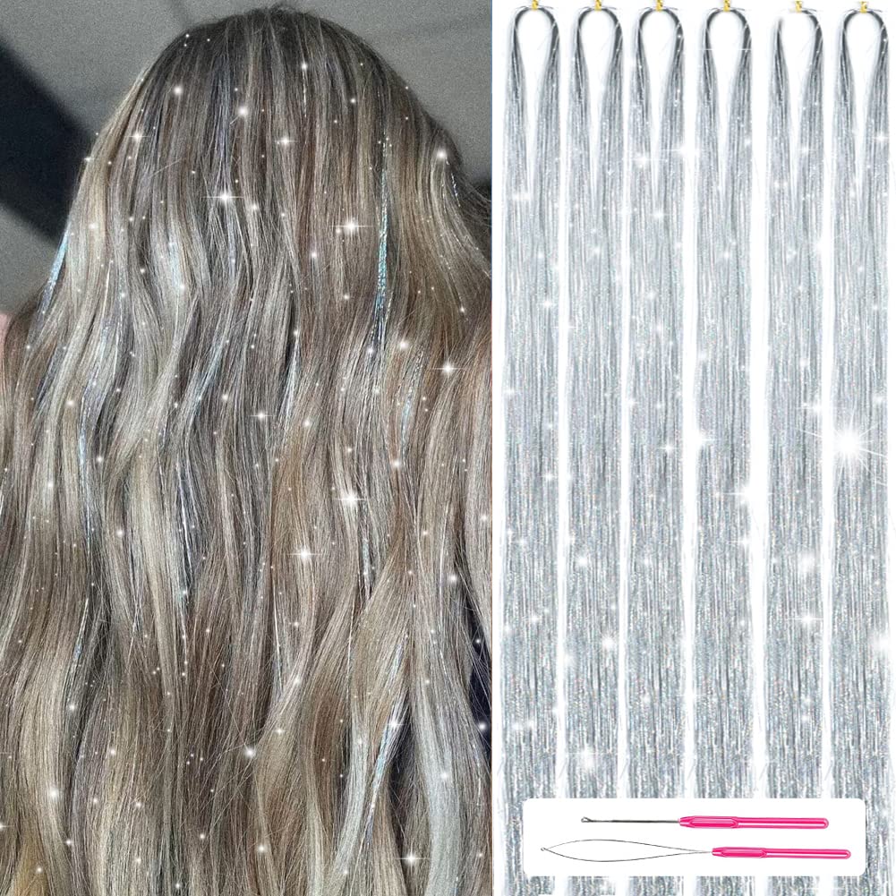 Hair Tinsel Kit With Tools 47Inch 1200 Strands glitter Tinsel Hair Extensions Sparkling Shiny Hair Tinsel Strands Kit Heat Resis