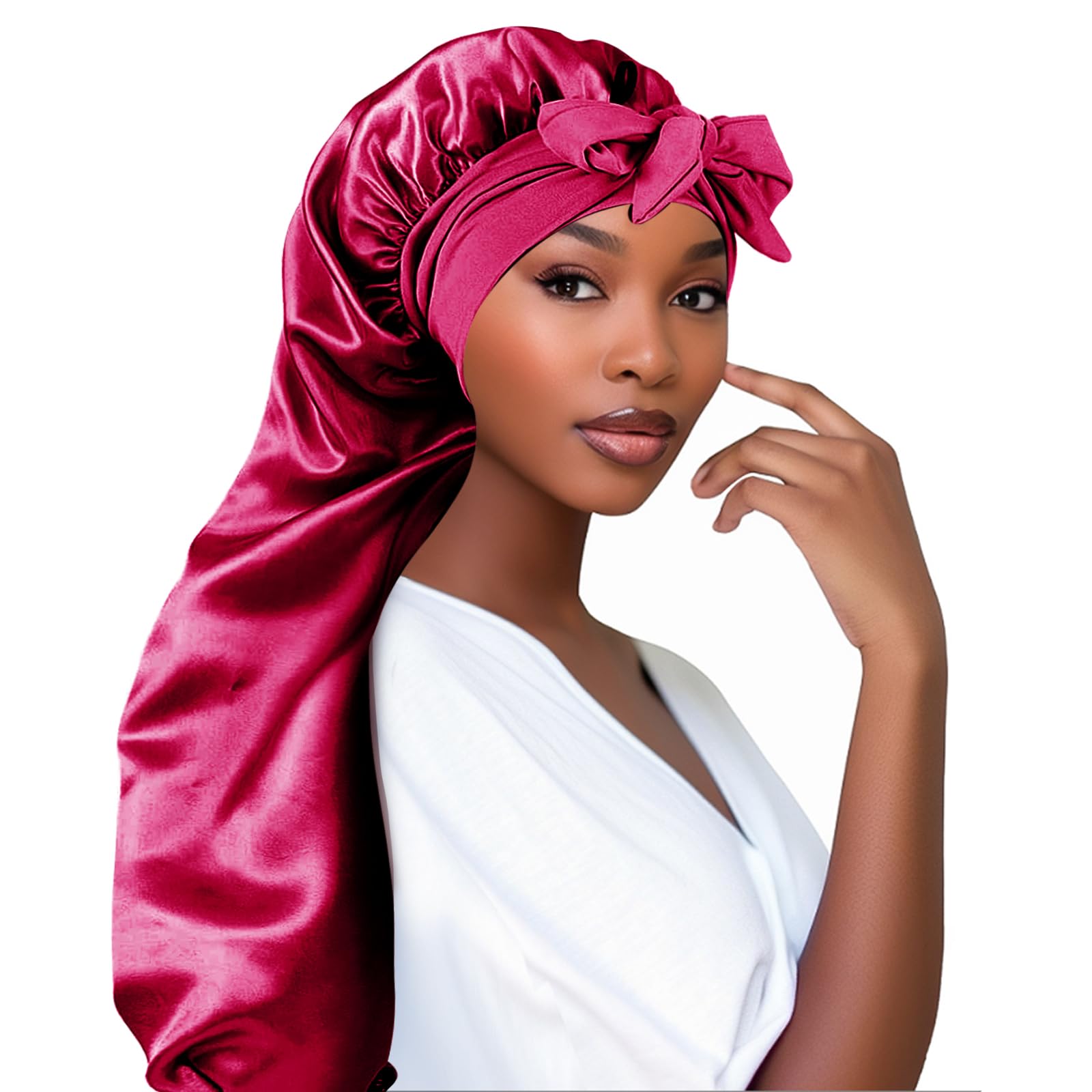 Adorila Extra Long Satin Bonnet for Women, Adjustable Braid Bonnet with Tie Band, Double Layer Elastic Silk Bonnet for Braids Ha