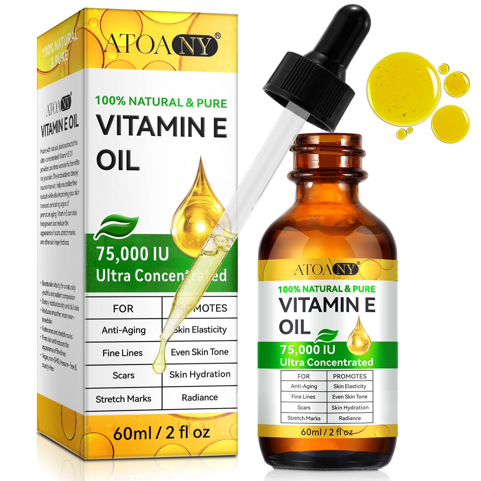 Vitamin E Oil, 75000 IU Ultra Concentrated - 100% Natural & Pure Vitamin E Oil for Face, Skin, Scars - Moisturizes Dry Skin & Re