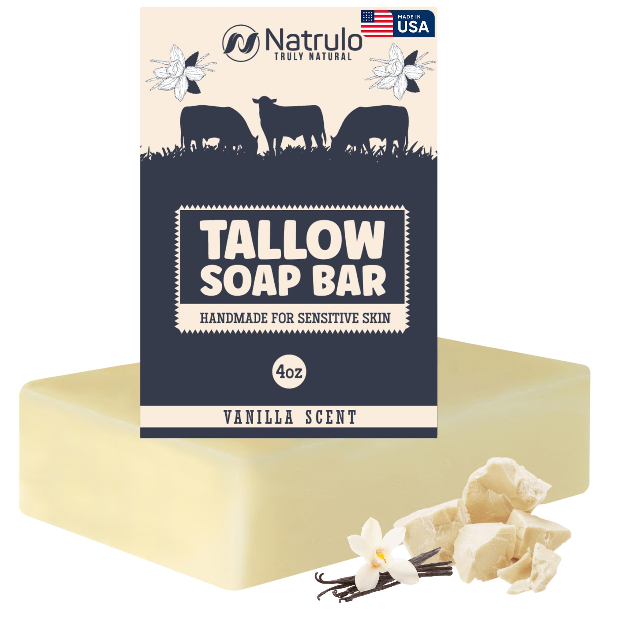 Beef Tallow Soap Bar - All Natural Grass Fed Tallow Soap Vanilla - Moisturizing Face & Body Wash Great For Eczema, Dry, Itchy, S