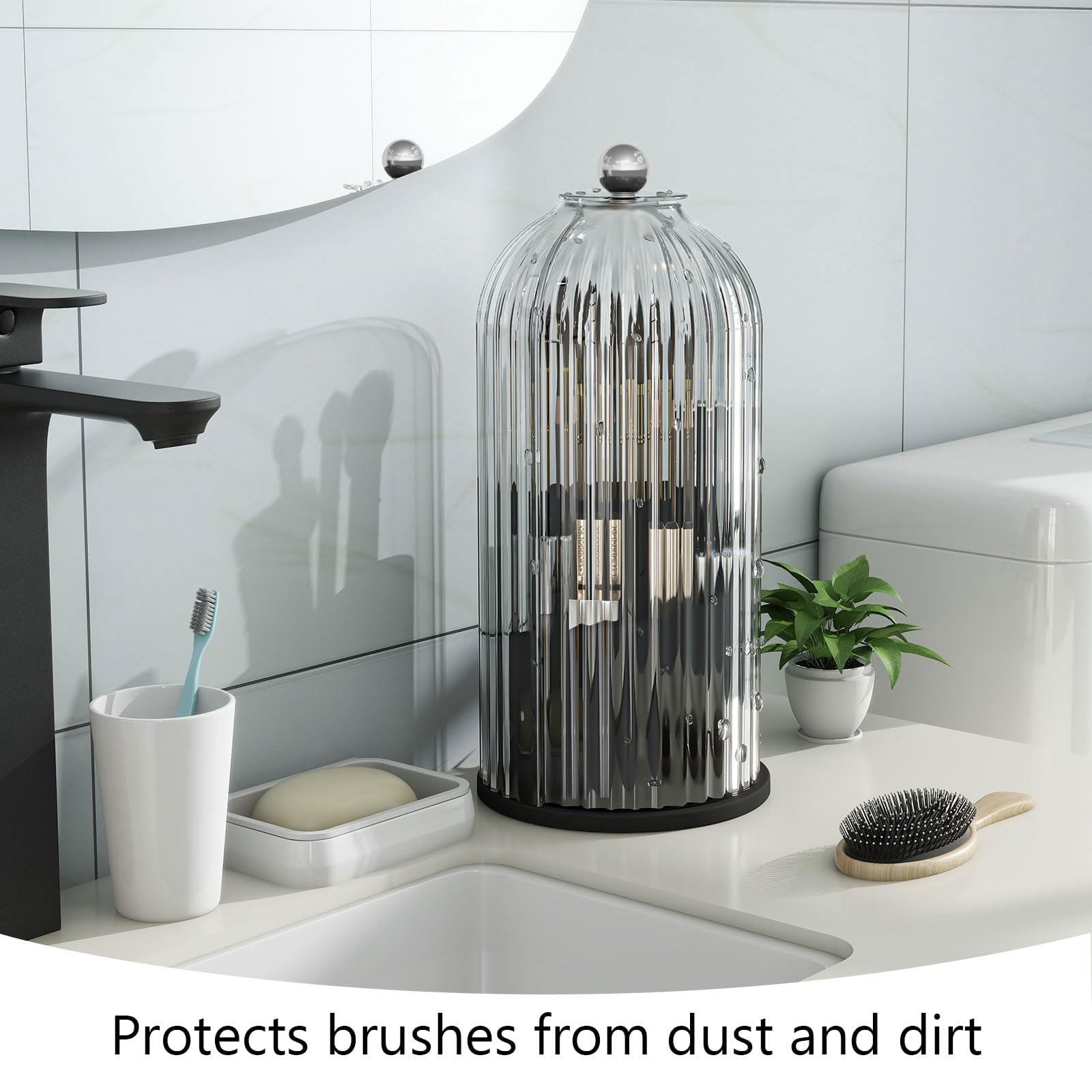 Emljkvp Makeup Brush Holder With Dustproof Cover 360 Rotating Makeup Brush Organizer For Vanity Bathroom, White/Black