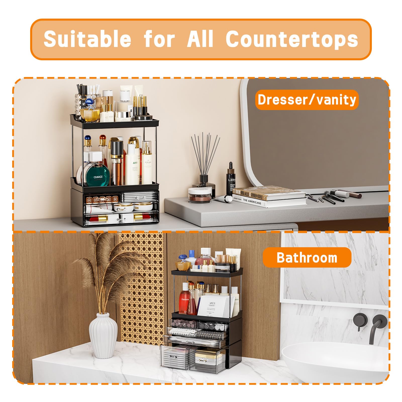 Yieach 2 Pack Clear Makeup Organizer With Drawers - Stackable Design,14.5'' Tall Large Capacity - Suitable As Bathroom Counter O