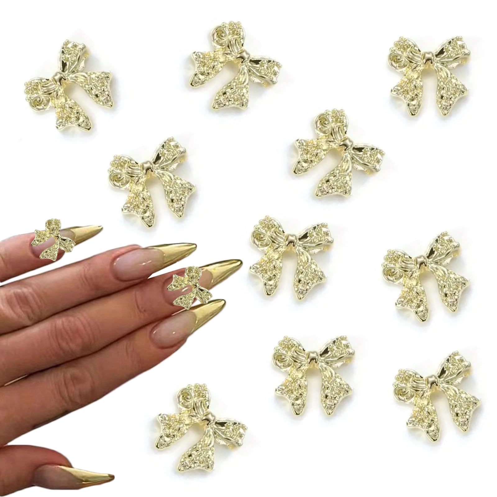 10 Pcs Bow Nail Art Charms 3D Alloy Gold Bow Nail Charms Shiny Nail Art Jewelry Luxury Rhinestones Gold Bow Nail Gems Valentine'