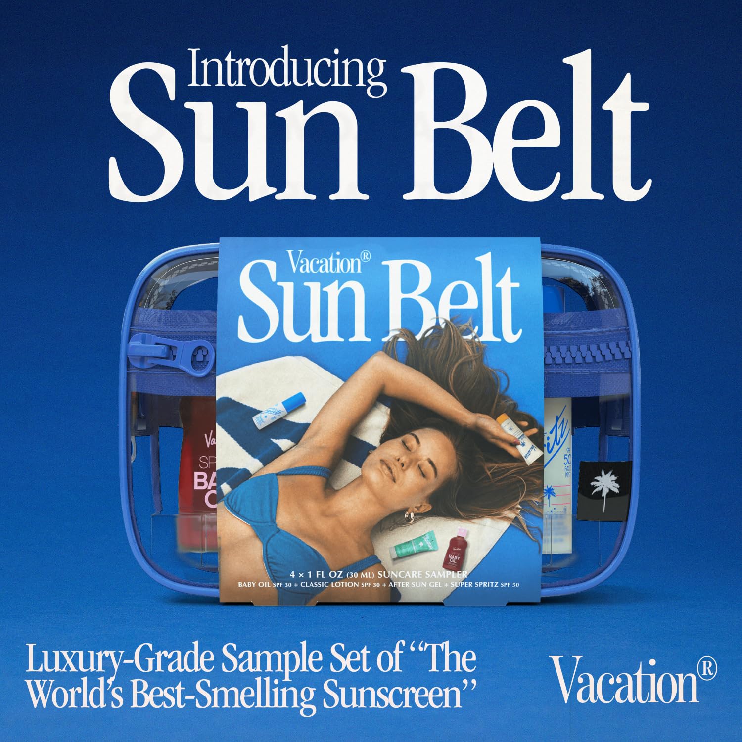 Vacation Sun Belt Sampler Bag, Includes Mini Baby Oil Spf 30 (1 Fl Oz), Super Spritz Spf 50 Face Mist (1 Fl Oz), Classic Lotion