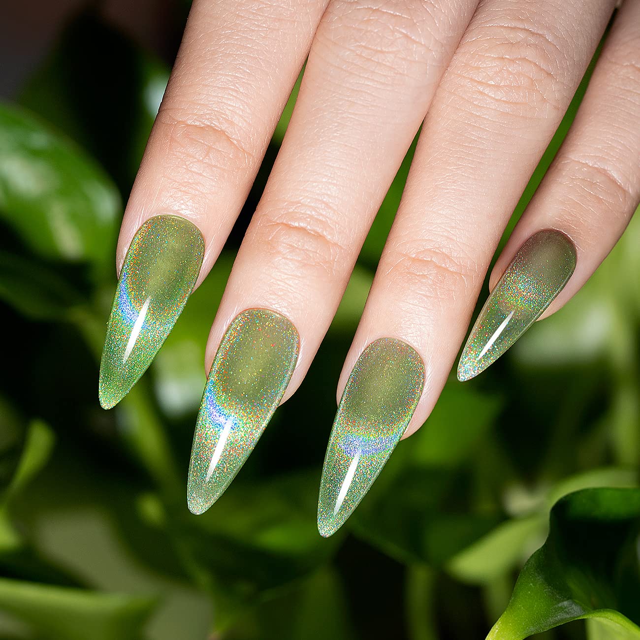 Rarjsm Cat Eye Gel Nail Polish, Galaxy Chameleon Magnetic Gel Polish Green Holographic Glitter Gel Soak Off Uv Led Diy Manicure