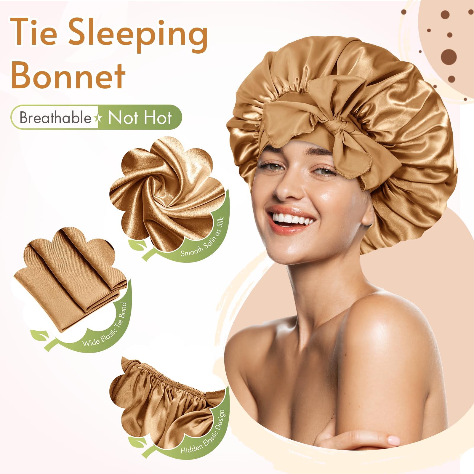 BONNET QUEEN Silk Bonnet for Sleeping - Medium Satin Hair Cap, Gold, Model ESN-BN001-1-GLD-M for Curly Hair