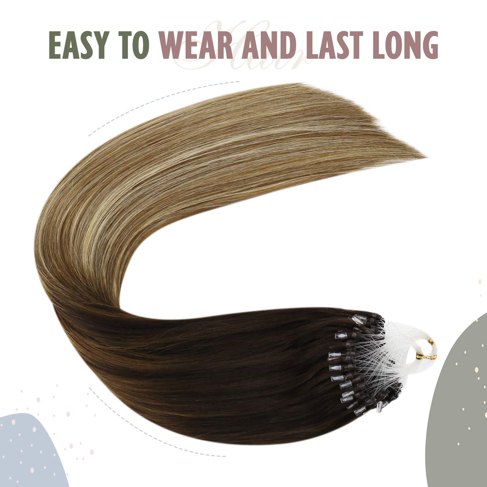 Ugeat 16Inch Microlink Hair Extensions Human Hair #4/6/613 Balayage Brown With Blonde Micro Loop Ring Hair Extensions 50Gram 1G/