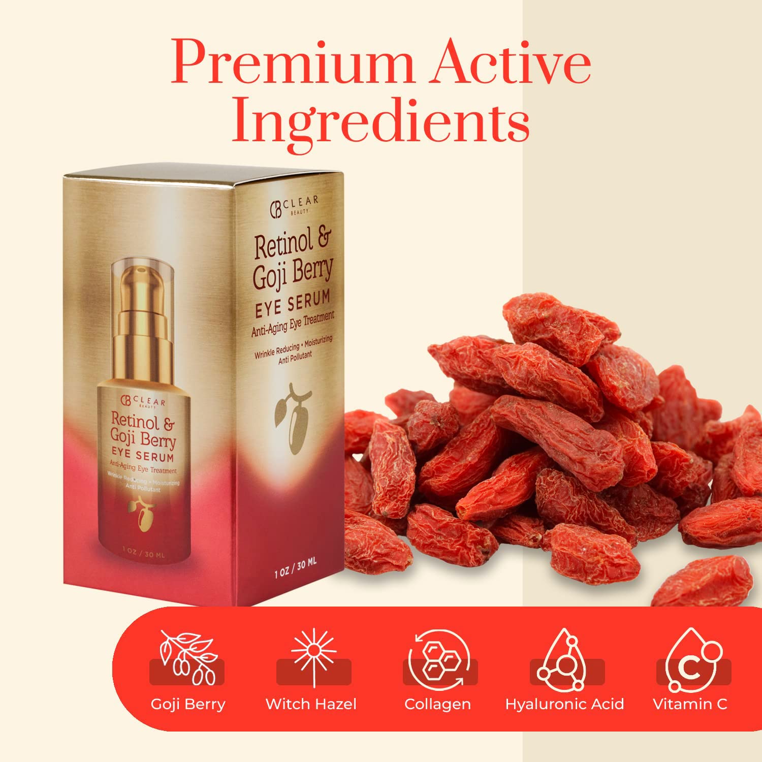 Clear Beauty Retinol & Goji Berry Under Eye Serum - Diminish Fine Lines, Wrinkles, Eye Bags & Dark Circles, Depuffing Eye Serum