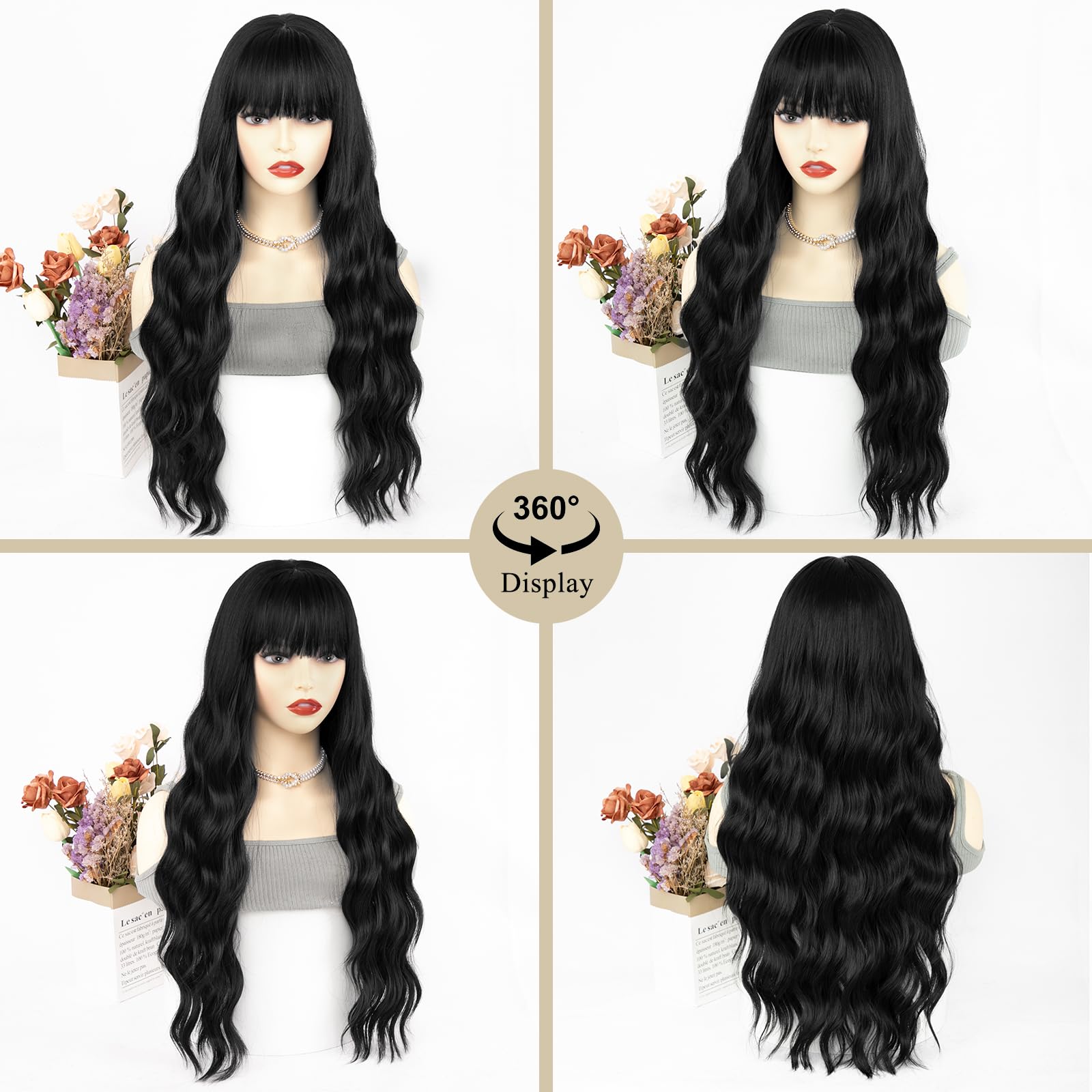 Entranced Styles Black Wig With Bangs Long Black Wigs For Women Long Curly Wavy Synthetic Wig Natural Looking Realistic Wigs For