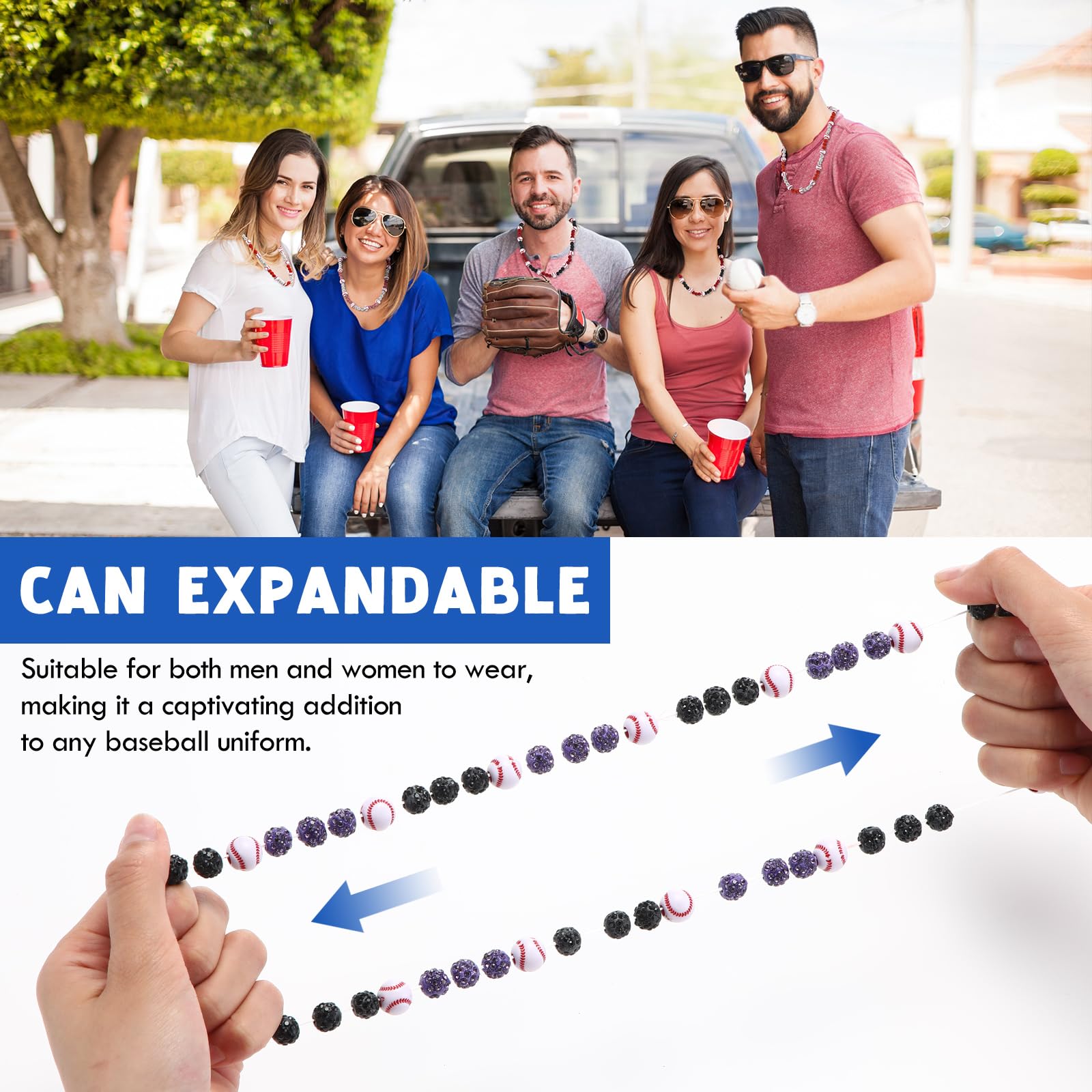 Liliaafar 6 Pcs Baseball Beaded Necklace for Teenager Bling Rhinestone Clay Beaded Necklace Gifts for Sports Team Fans(Mixed Col