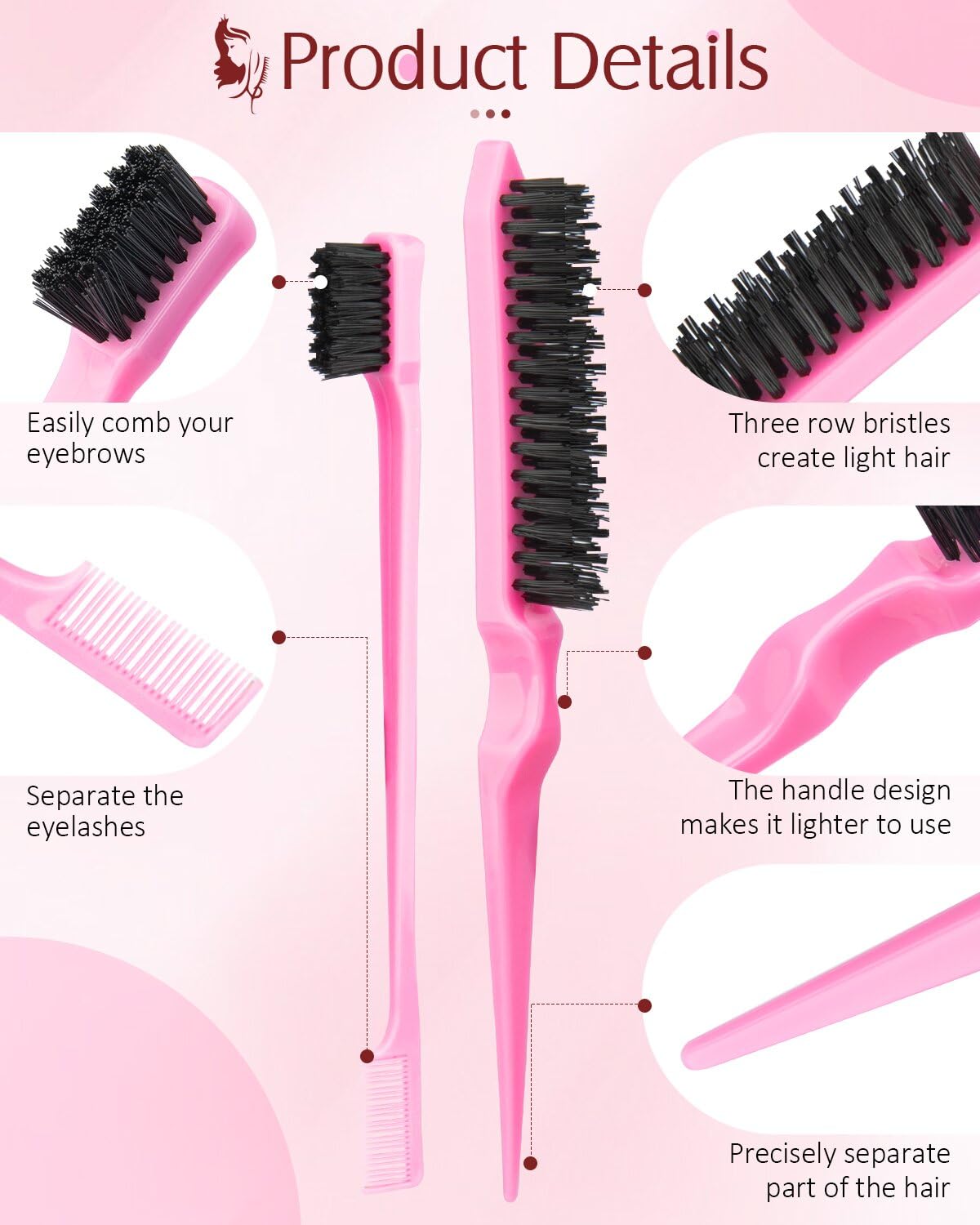 Aigee 8Pcs Hair Styling Combs Set Include 4Pcs Topsy Hair Tail Tools 2 Styles Of Rat Tail Comb,1Pcs Bristle Teasing Slick Back H