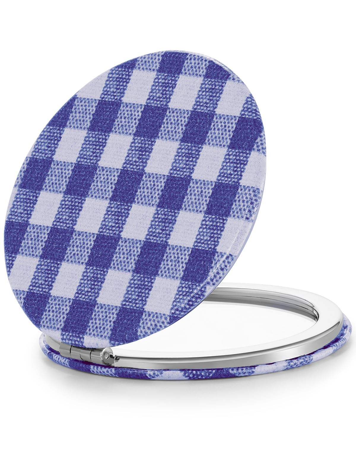 Omiro 1X/10X(300R) Compact Magnifying Mirror, Unique Plaid Pattern Pocket Mirror With Classic Pu Leather, Round, Blue Plaid