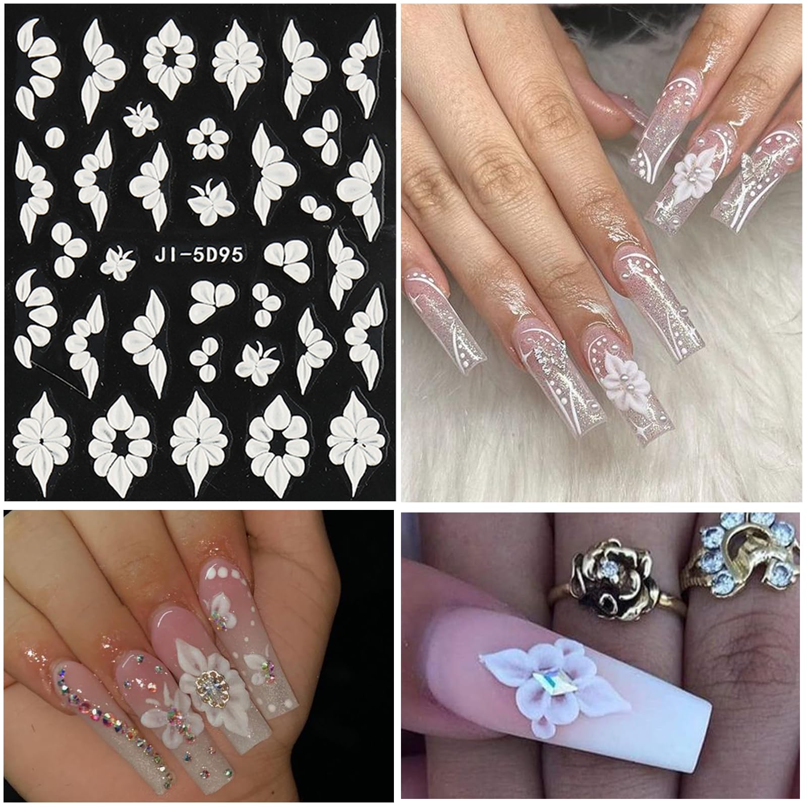 Votacos 6 Sheets Flower Nail Art Stickers Decals 5D Embossed Nail Decals Spring Summer Self-Adhesive Nail Supplies Accessories 3