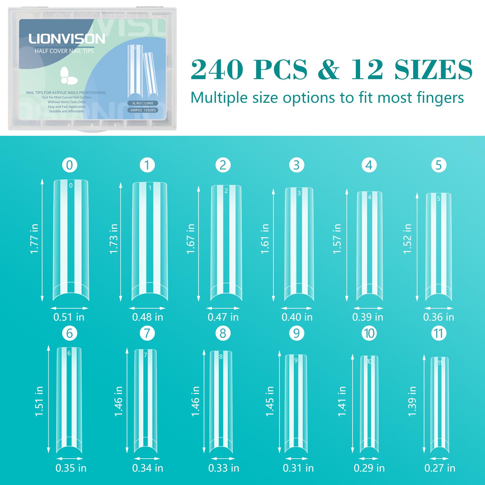 Lionvison No C Curve Square Nail Tips For Acrylic Nails Professional, Xxl 12 Sizes Tapered Square Nail Tips French Half Cover Ex