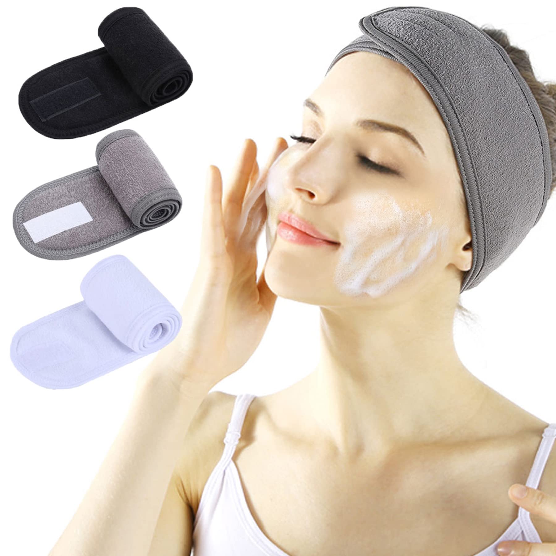 Lades Facial Spa Headband - 3 Pcs Makeup Shower Bath Wrap Sport Headband Terry Cloth Adjustable Stretch Towel With Magic Tape