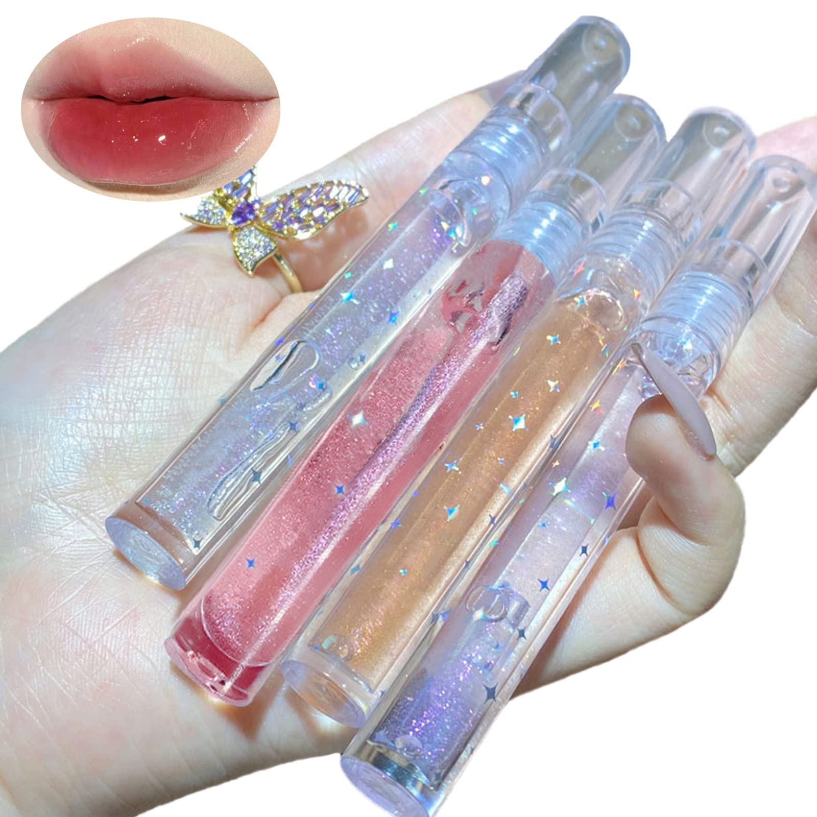 Natural Hydrating Shimmery Lip Gloss Set, Waterproof Long Lasting Moisturizing Lip Care Lip Oil Gloss, Diamond Transparent Shimm