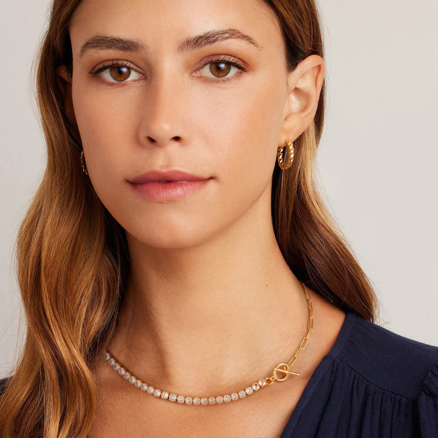 NUZON Gold CZ Tennis Necklace for Women 18K Gold Plated Paper Clip Link Chain Choker Sparkly Diamond Layering Jewelry Toggle Cla