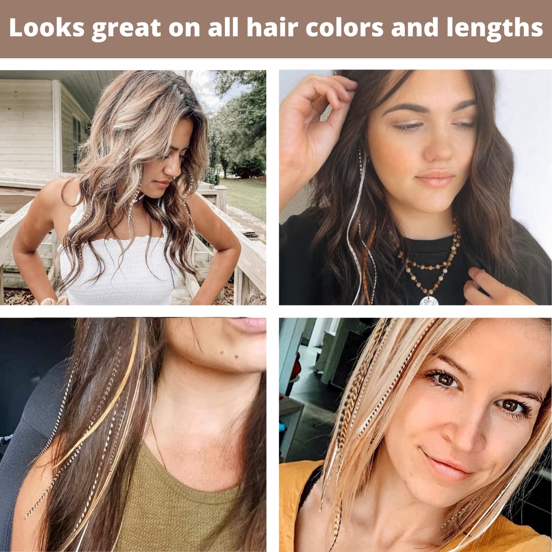 Natural Hair Feathers, Real Long Feather Hair Extensions With Bead Loop Kit, 20 Long Thin Tie Dye Ginger Brown And Black And Whi