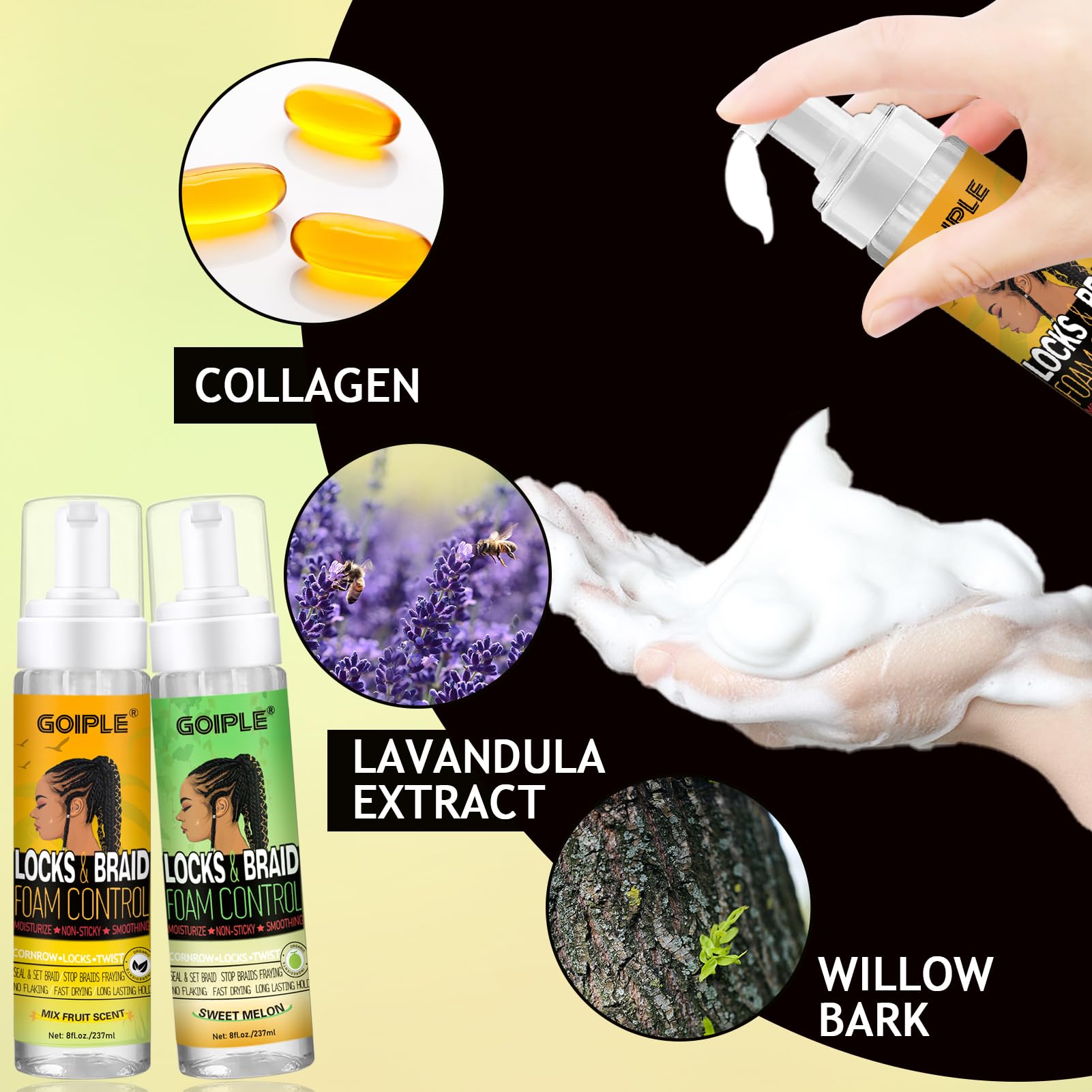 Goiple Hair Mousse For Braids, Twist, Locs - Braid Foam Control Mousse, No Flake, High Shine Style And Moisturizes, Lightweight